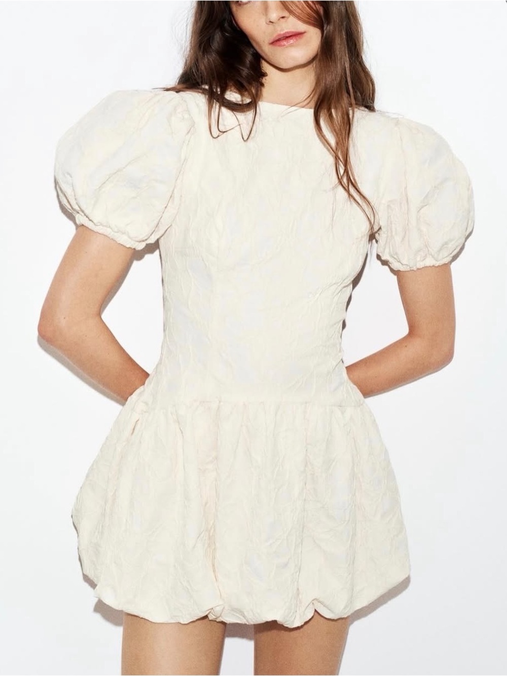 Zara Cream Puff-Sleeve Mini Dress